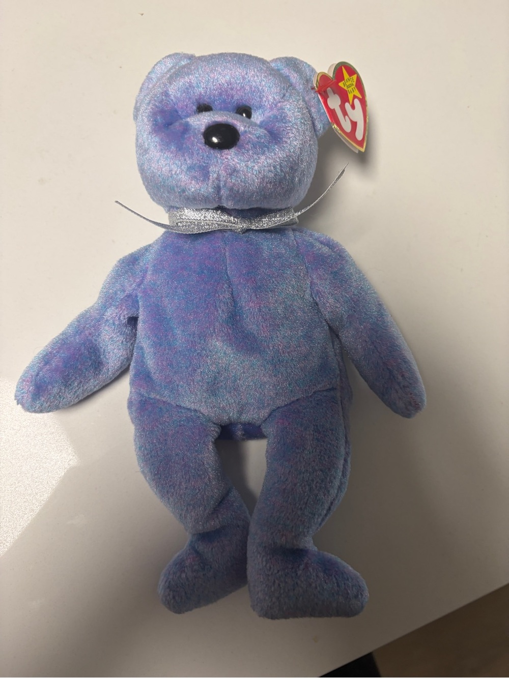 Ty Purple Sparkle Bear Plush with Silver Ribbon